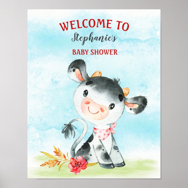 Watercolor Cow Baby Shower Farm Baby Shower Poster (Front)