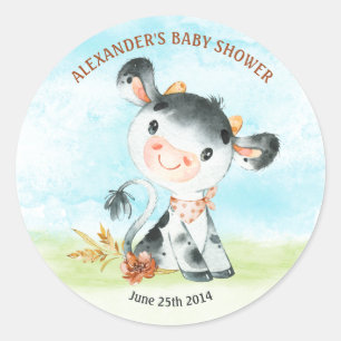 Watercolor Cow Baby Shower Farm Classic Round Sticker