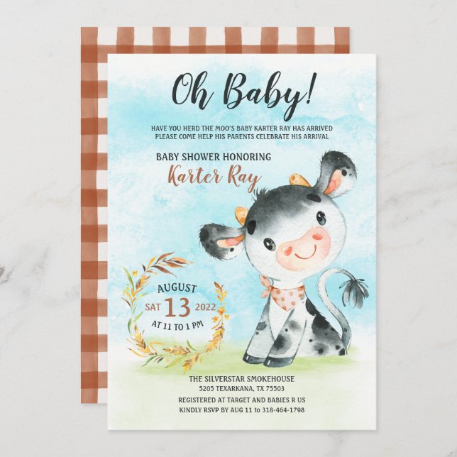 Watercolor Cow Baby Shower Farm Invitation (Front/Back)