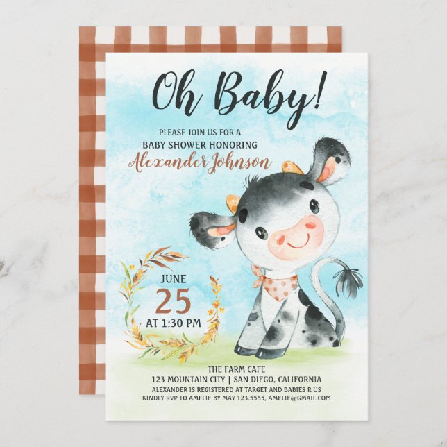 Watercolor Cow Baby Shower Farm Invitation (Front/Back)