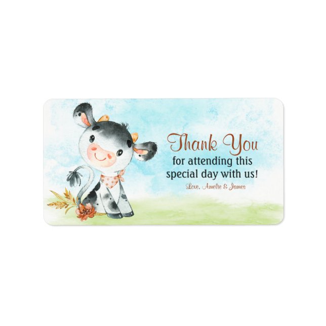 Watercolor Cow Baby Shower Farm Thank You Label (Front)