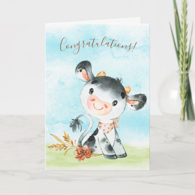 Watercolor Cow Farm Congratulations Card (Front)