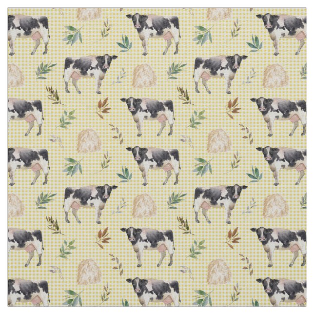 Watercolor Cow Farm Yellow Gingham Baby Nursery Fabric (Swatch)