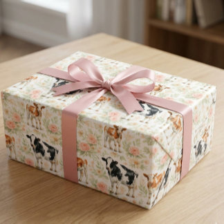Watercolor Cow Floral Baby Shower Calf Wrapping Paper