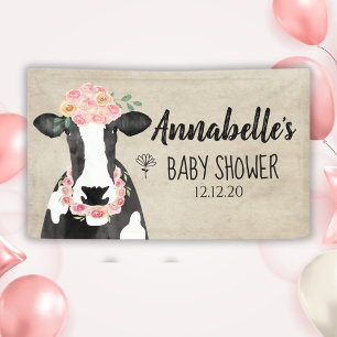 Watercolor Cow Floral Farm Baby Shower Banner