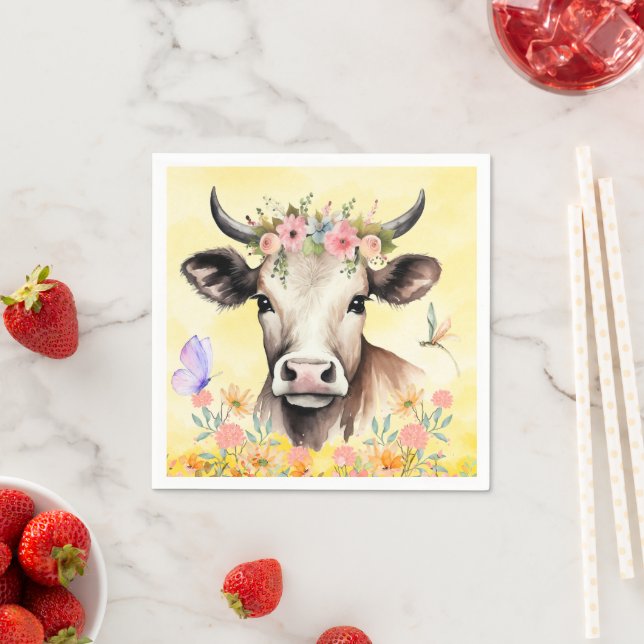 Watercolor Cow Flowers in a Meadow Paper Napkin (Insitu)