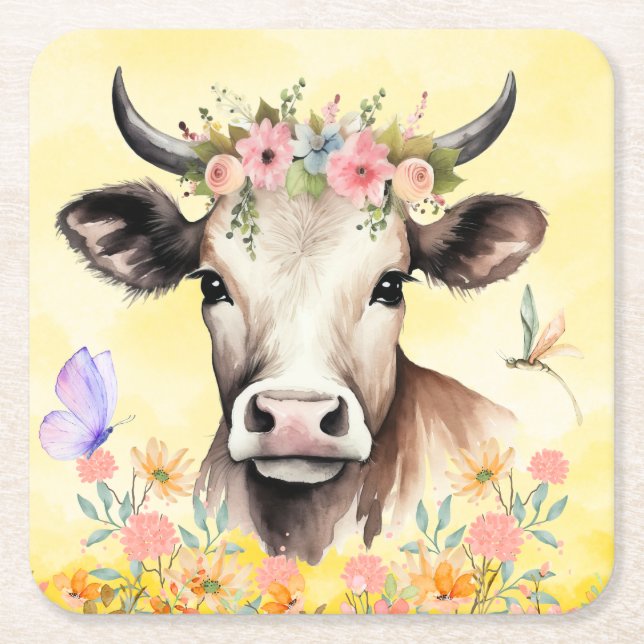 Watercolor Cow Flowers in a Meadow  Square Paper Coaster (Front)