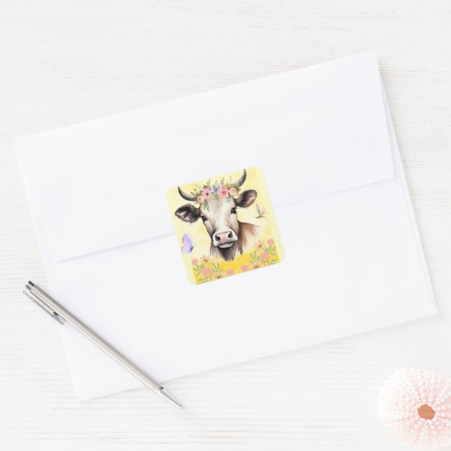 Watercolor Cow Flowers in a Meadow Square Sticker (Envelope)