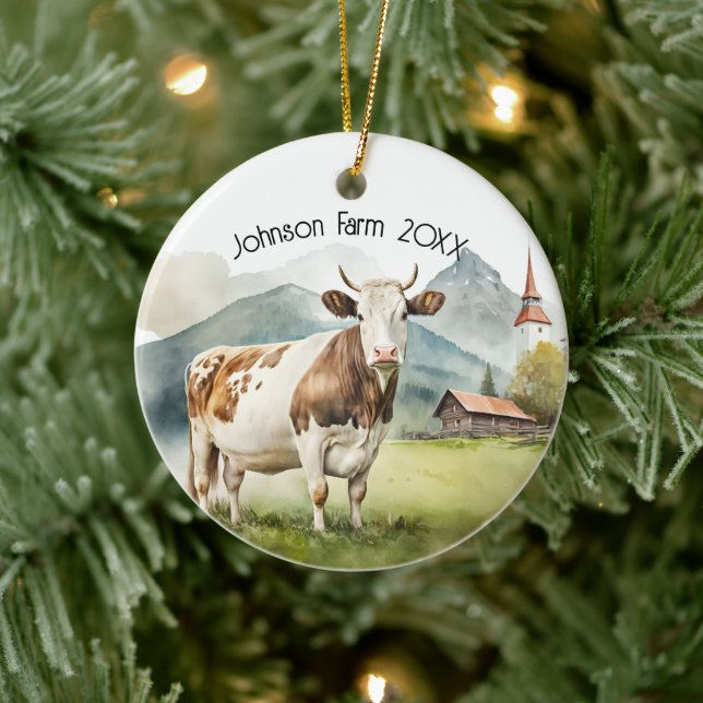 Watercolor Cow In Mountain Valley Ceramic Tree Decoration (Tree)