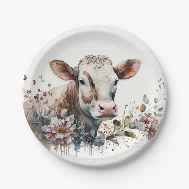 Watercolor Cow In Wildflowers Paper Plate (Front)