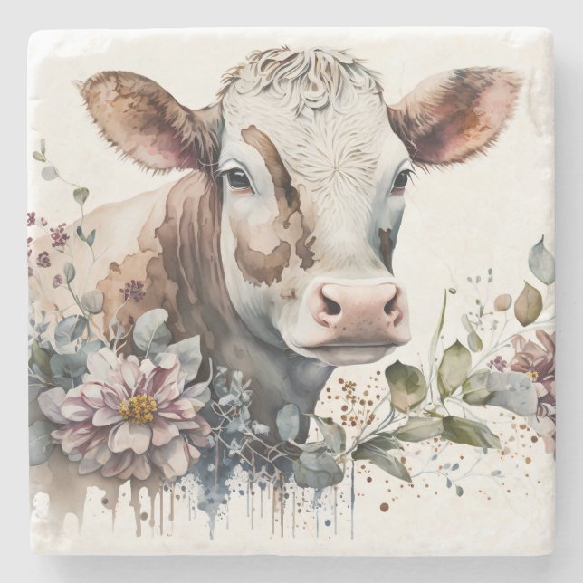 Watercolor Cow In Wildflowers Stone Coaster (Front)