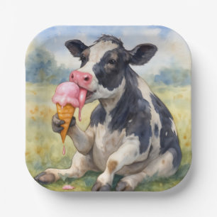 Watercolor Cow Licking an Ice Cream Cone Paper Plate