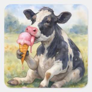 Watercolor Cow Licking an Ice Cream Cone Square Sticker
