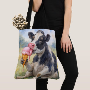 Watercolor Cow Licking an Ice Cream Cone Tote Bag