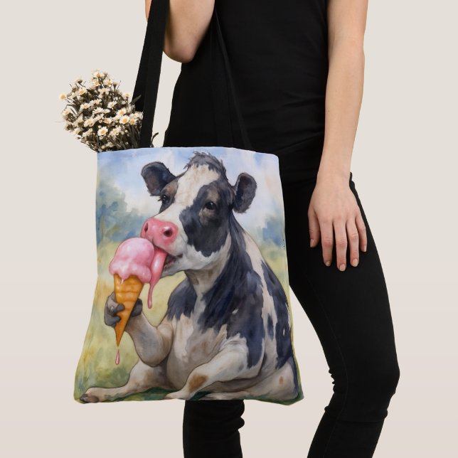 Watercolor Cow Licking an Ice Cream Cone Tote Bag (Close Up)