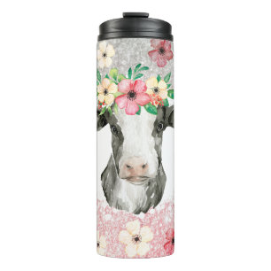 Watercolor Cow Portrait With Floral Crown Thermal Tumbler