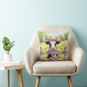 Watercolor Cow Wearing a Summer Hat Cushion