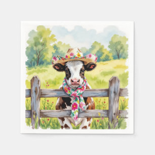 Watercolor Cow Wearing a Summer Hat Napkin