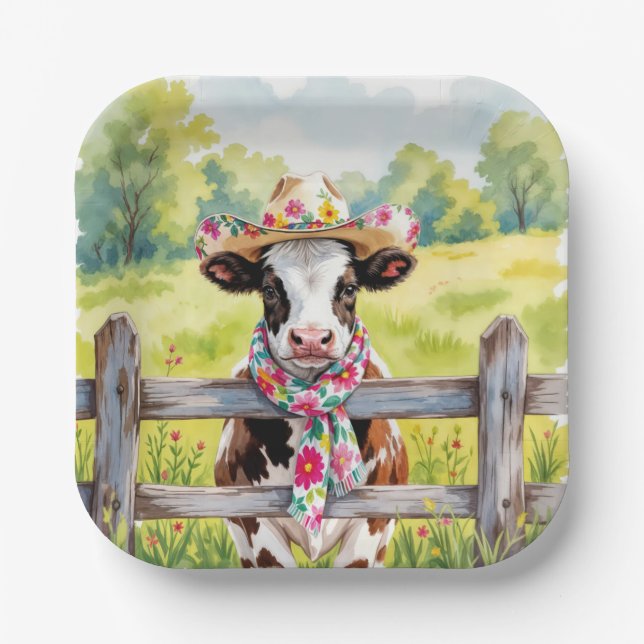 Watercolor Cow Wearing a Summer Hat Paper Plate (Front)