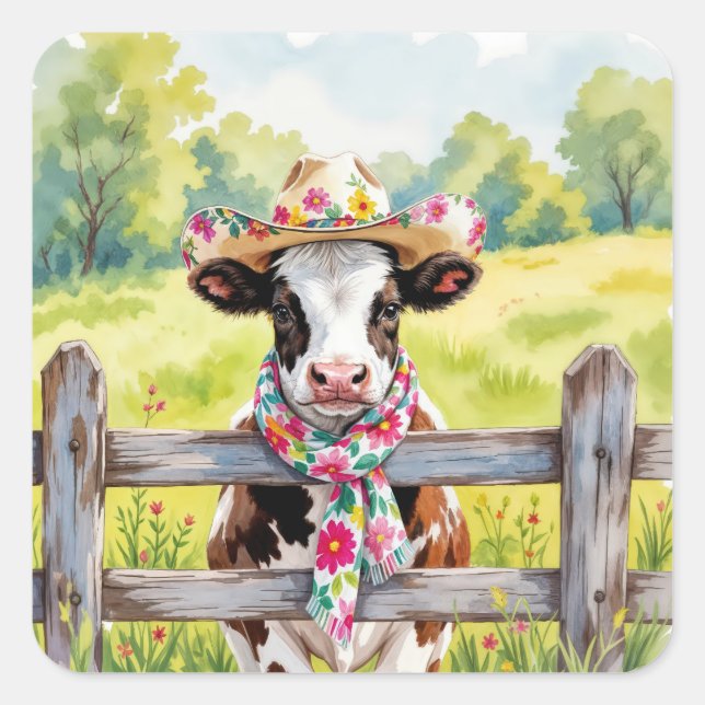 Watercolor Cow Wearing a Summer Hat Square Sticker (Front)