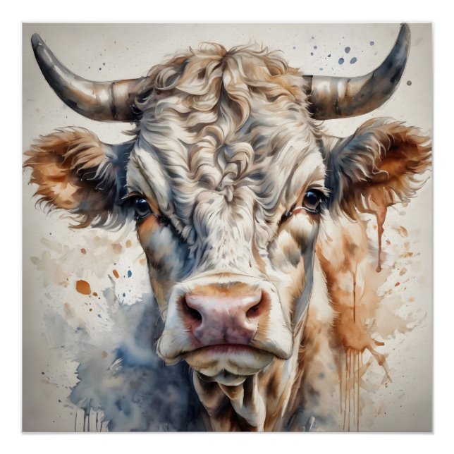 Watercolor Cow with Expressive Eyes Poster (Front)