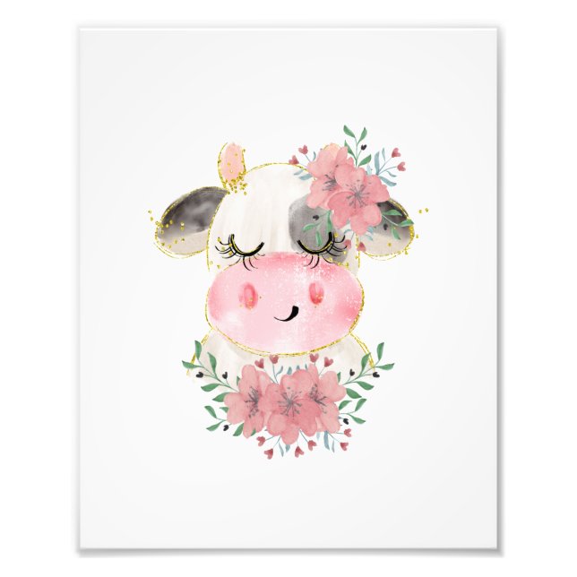 Watercolor Cow with Flowers Photo Print (Front)