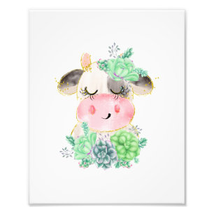 Watercolor Cow with Succulents Photo Print