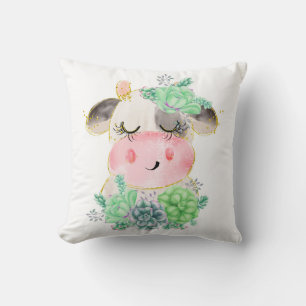 Watercolor Cow with Succulents Throw Pillow