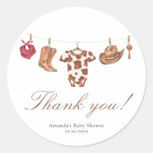 Watercolor cowboy Baby Shower Thank you Classic Round Sticker