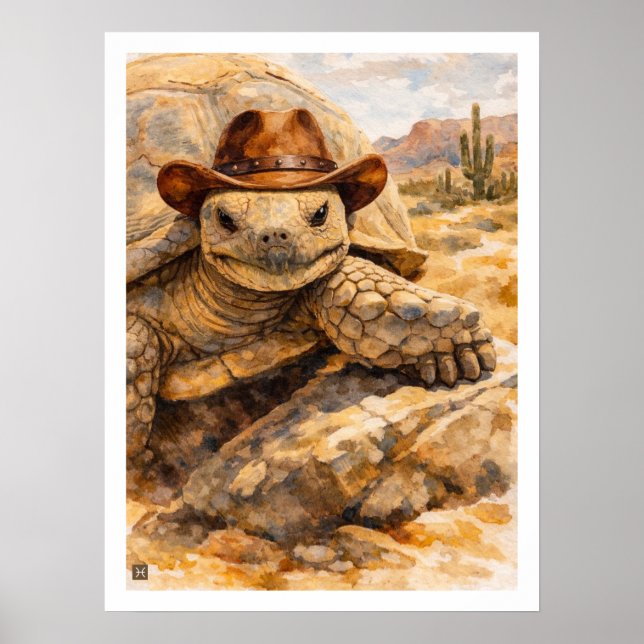 Watercolor Cowboy Turtle in the desert Poster (Front)