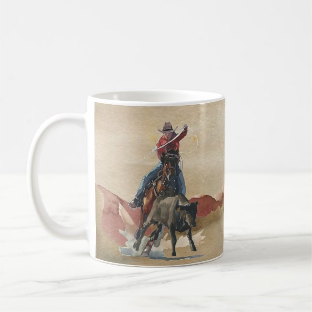 Watercolor Cowboy with Lasso on Horse Coffee Mug (Left)