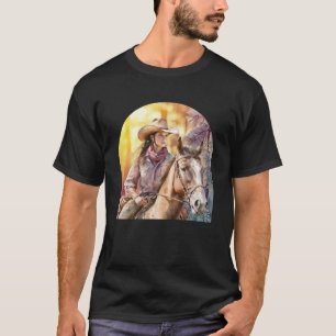 Watercolor cowgirl riding her horse on a bright su T-Shirt