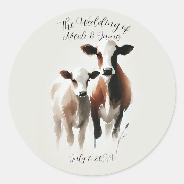 Watercolor Cows Minimal Rustic Wedding Classic Round Sticker (Front)