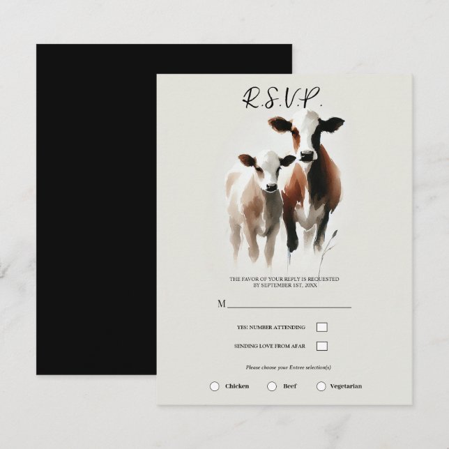 Watercolor Cows Minimal Rustic Wedding Invitation (Front/Back)