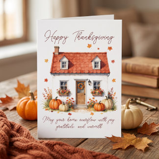Watercolor Cozy Fall Cottage Pumpkins Thanksgiving Card
