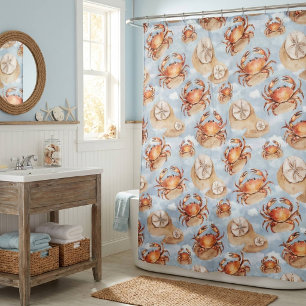 Watercolor Crab and Sand Dollar Nautical Shower Curtain