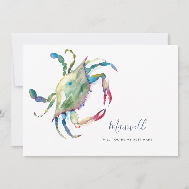 Watercolor Crab Asking Groomesmen Cards (Front)