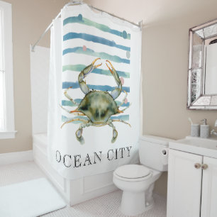 WATERCOLOR CRAB, BEACH TOWN, OCEAN CITY SHOWER CURTAIN