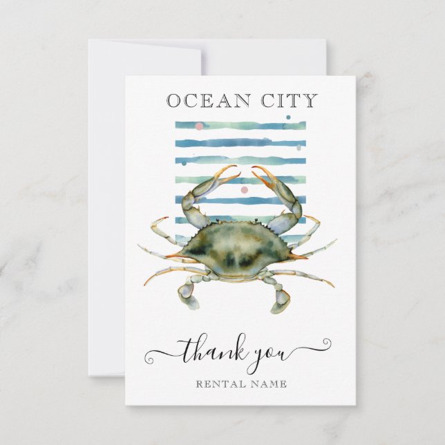 WATERCOLOR CRAB, BEACH TOWN, OCEAN CITY THANK YOU CARD (Front)