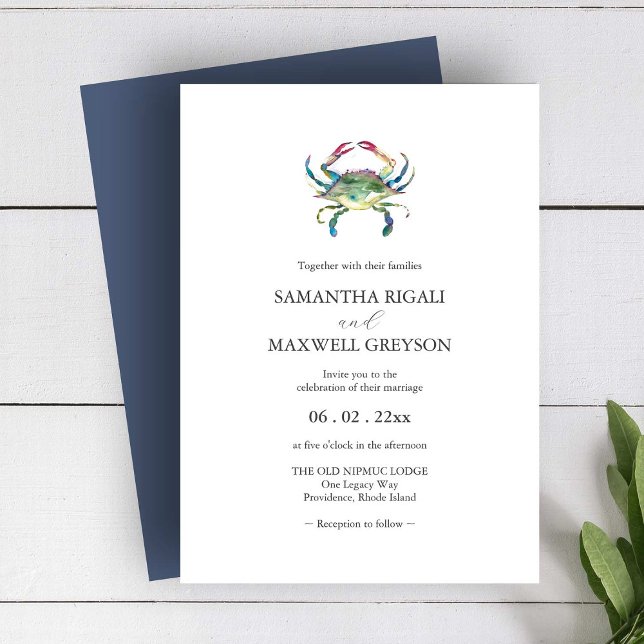 Watercolor Crab Beach Wedding Invitation (Beach wedding ideas watercolor crab invitation art by Victoria Grigaliunas of Do Tell A Belle)