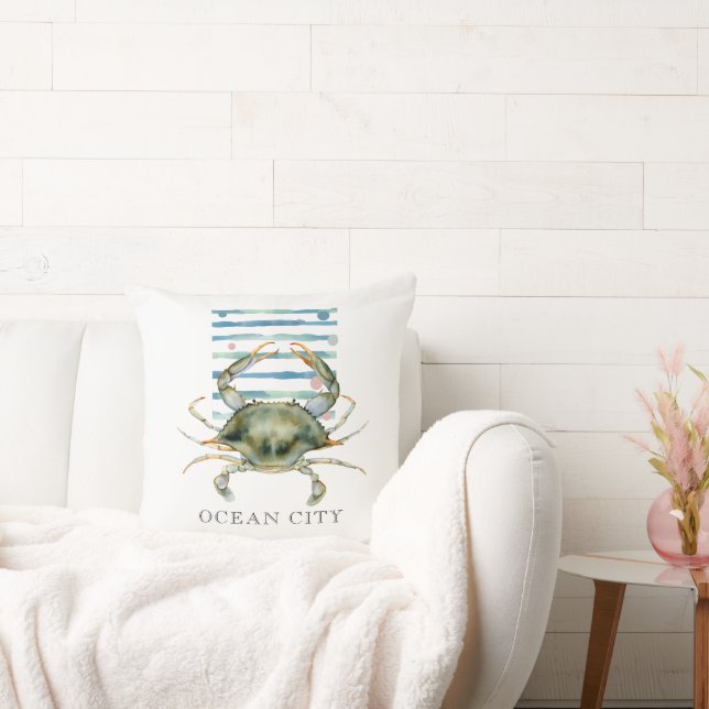 WATERCOLOR CRAB, COASTAL, BEACH, OCEAN CITY CUSHION (Couch)