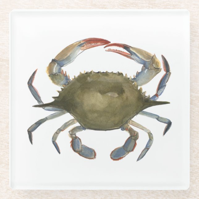 Watercolor Crab - Grey Glass Coaster (Front)