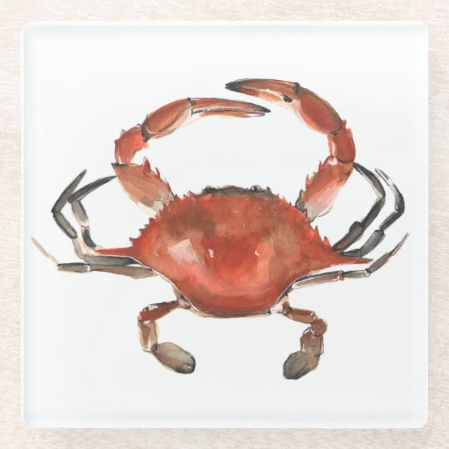 Watercolor Crab - Red Glass Coaster (Front)