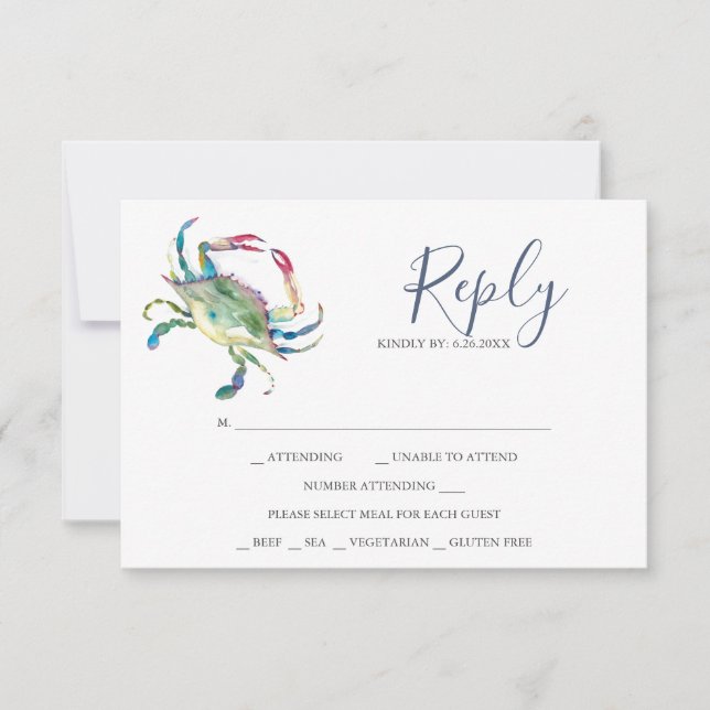 Watercolor Crab Reply RSVP Cards (Front)