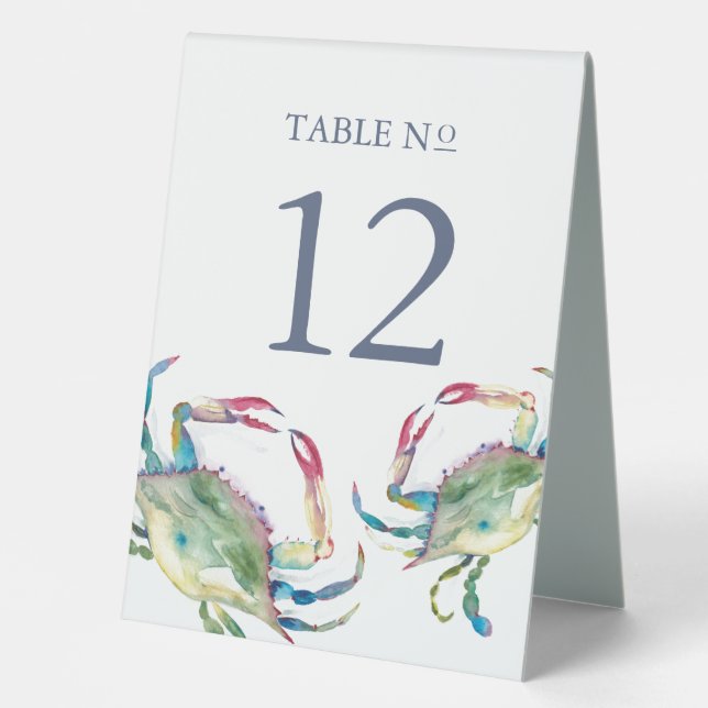 Watercolor Crab Table Tent Sign Beach Wedding (Front)