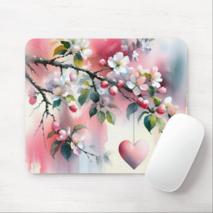 Watercolor Crabapple Tree Heart Mouse Mat