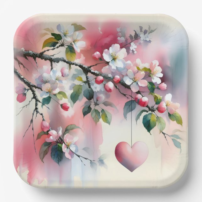 Watercolor Crabapple Tree With Heart  Paper Plate (Front)