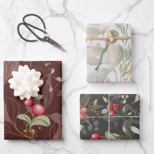 Watercolor Cranberry Winter Floral Wrapping Paper Sheet