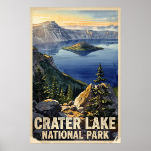 Watercolor Crater Lake National Park Retro Poster