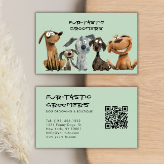 Watercolor Crazy Dog Groomers Boutique  QR Code Business Card